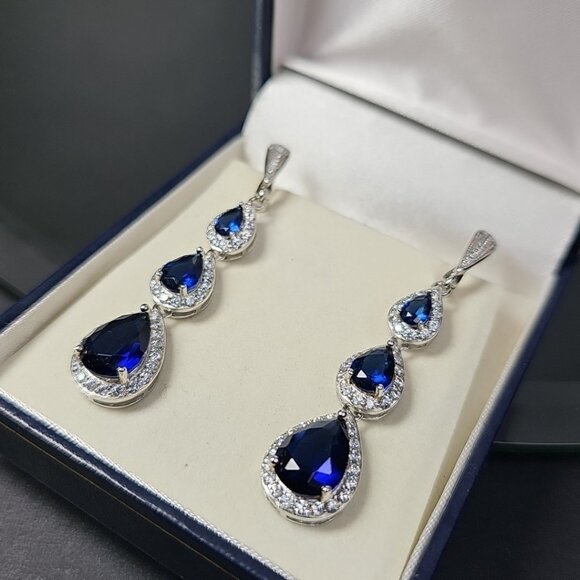 Royal Blue Drop 925 Sterling Silver Earrings, Long Bridal Birthday Gift - Picture 12 of 12